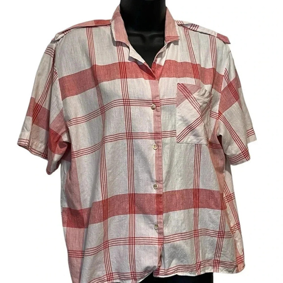 🍀2/$22 Vintage 80s Red White Plaid Short Sleeve Button Down Blouse Womens Medium - Picture 2 of 9